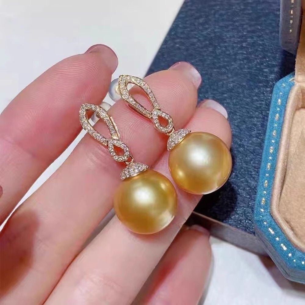 AAA 12-13mm natural South Sea gold pearl 925 sterling silver earrings hot sale