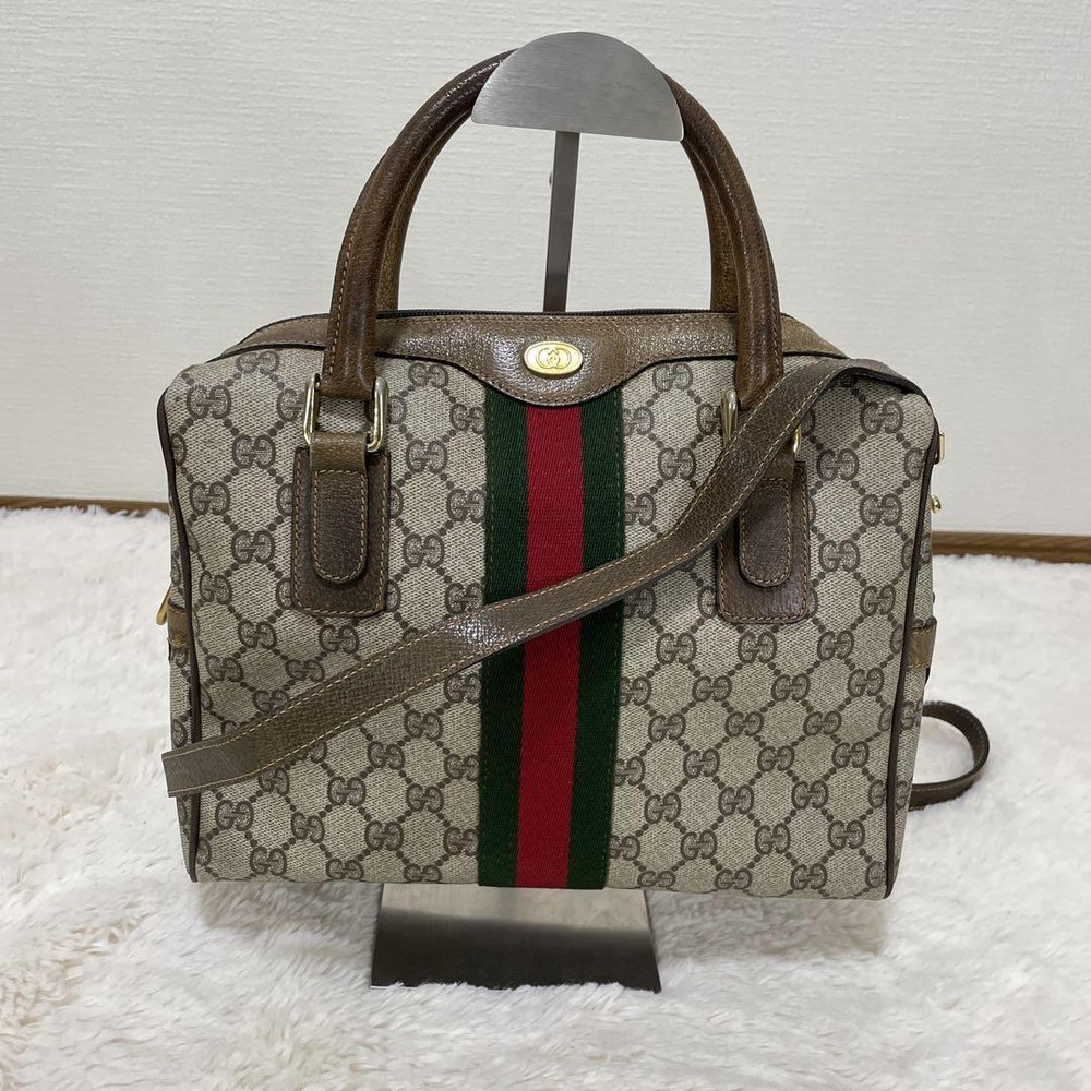GUCCI Old Gucci GG Logo Sherry Line Beige Brown Leather 2Way Bag Used From Japan