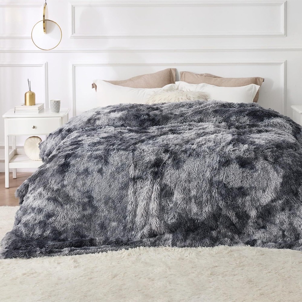 Queen Size Fluffy Sherpa Tie Dye Grey Faux Fur Fleece Blanket for Bed