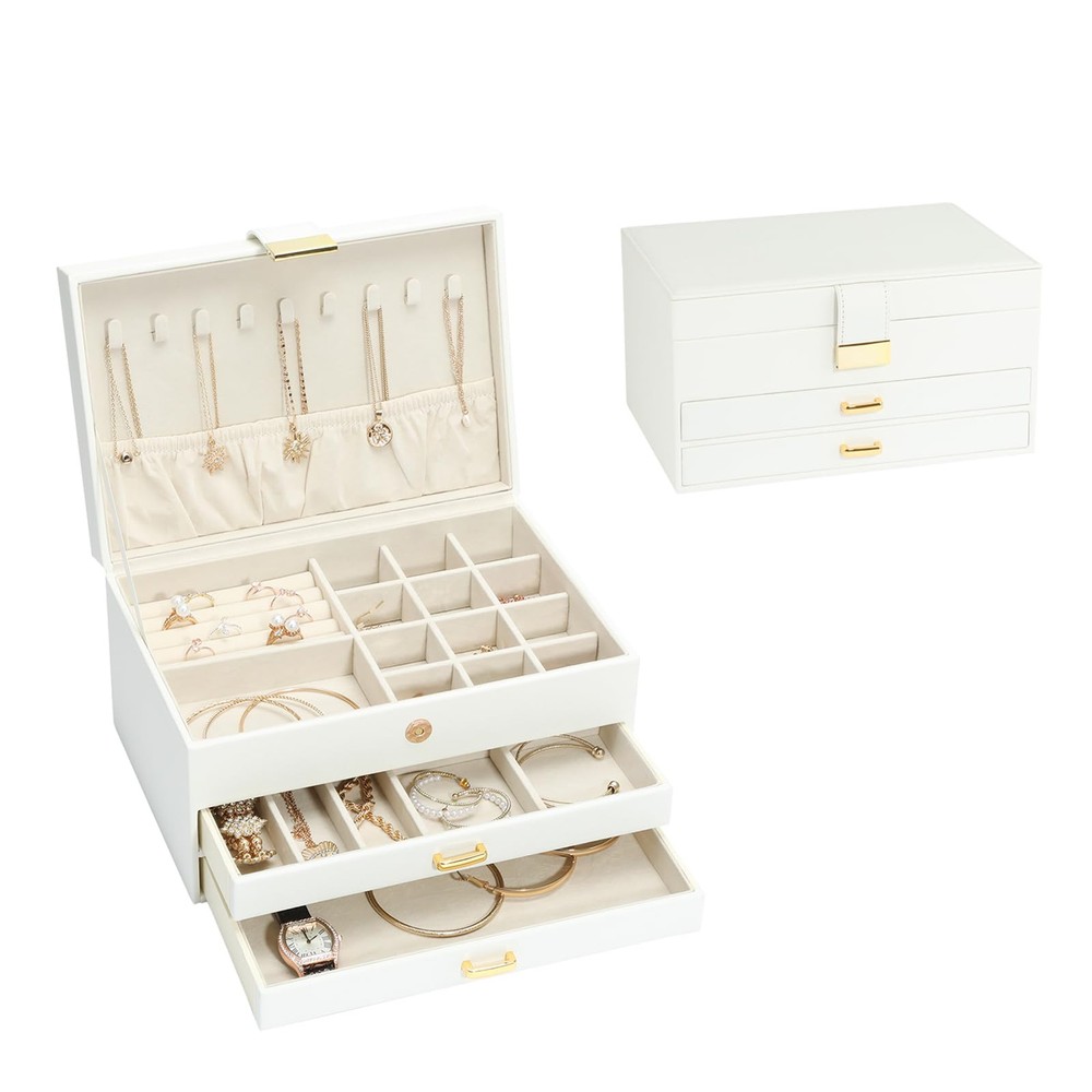 Jewelry Organizer Box for Women Girls, 3-Layer Jewelry Case with 2 Drawers Je...