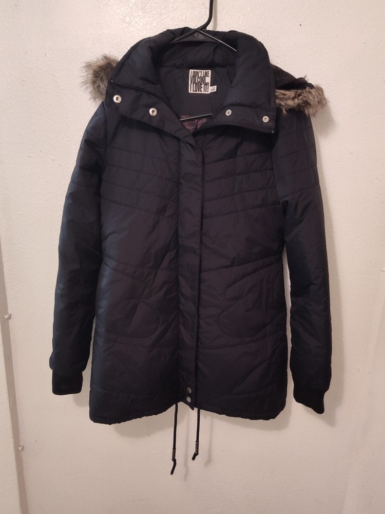 VOLCOM Full Zip  Coat Removeable Faux Fur Trim Women Large Black S Jacket Winter