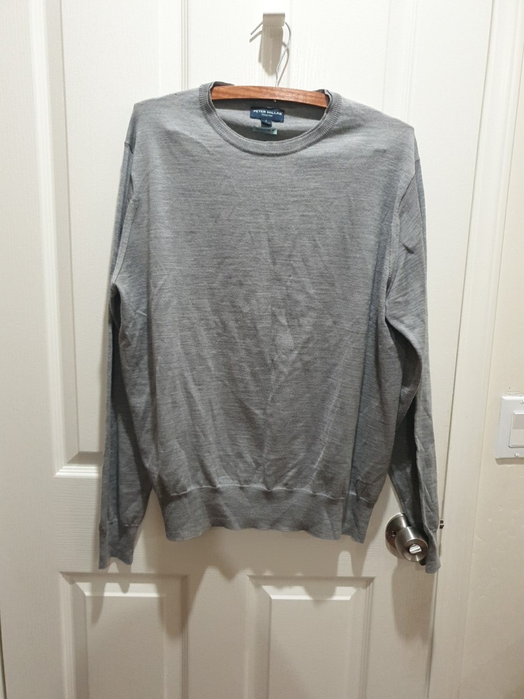 Peter Millar Crown Soft Sweater Mens Large Gray Merino Wool Silk Blend Crew Neck