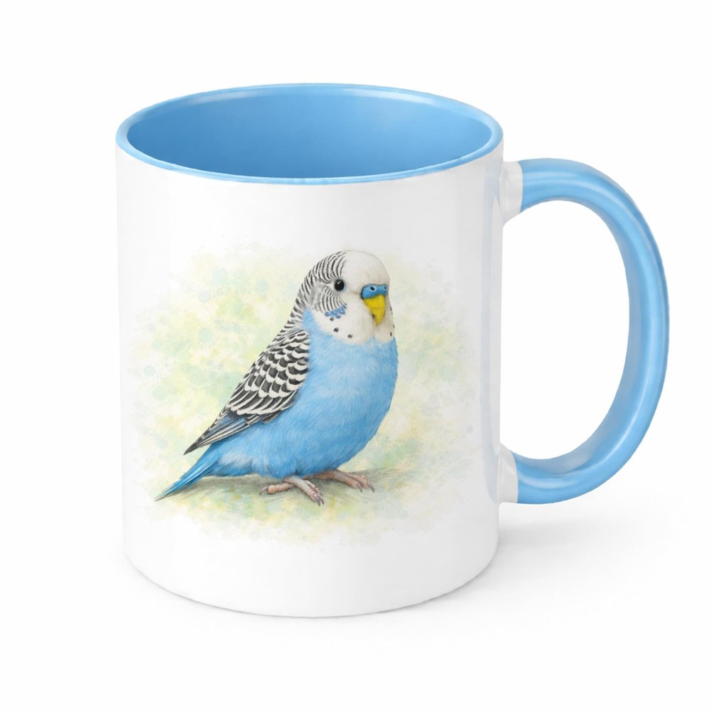 Brew Crew Gifts Budgie Mug, Ceramic, White Gloss, 11oz, Watercolour Blue Budgie