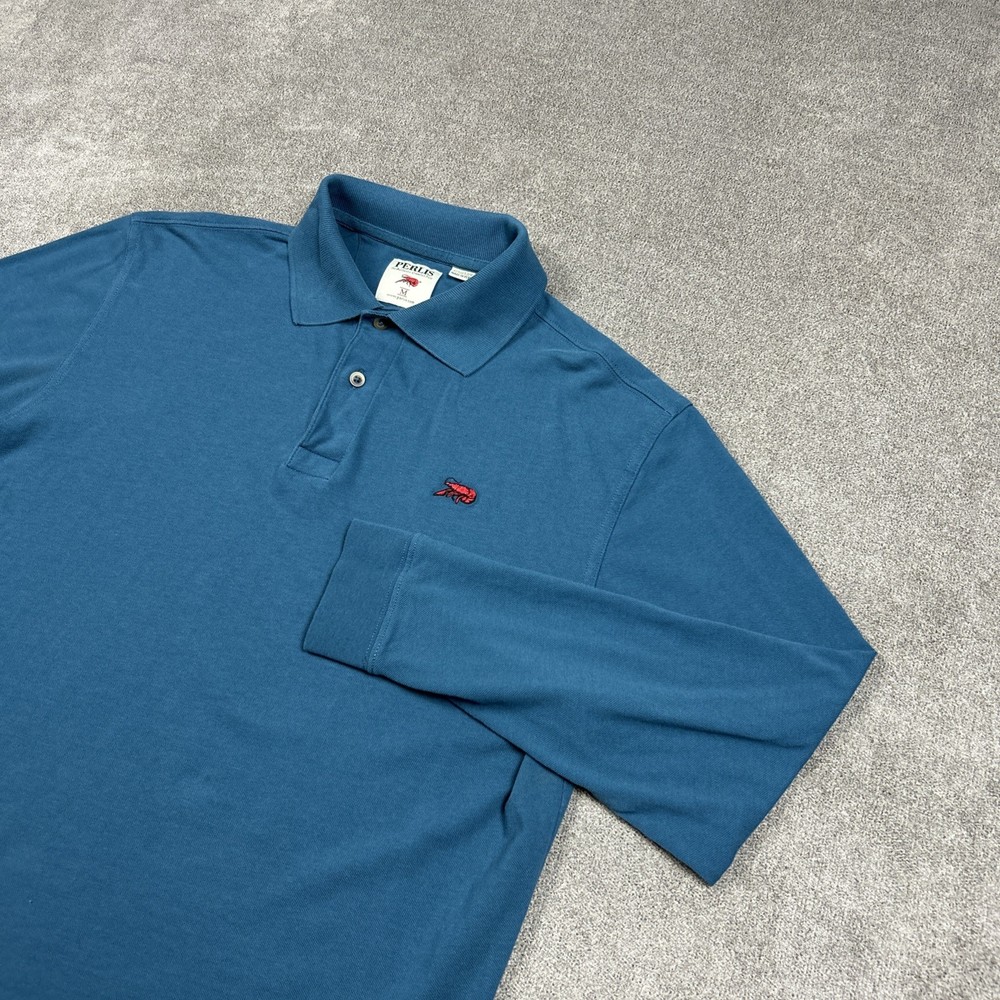 Perlis Men's Medium Blue Cotton Polo with Crawfish Logo Casual Stretch Pique