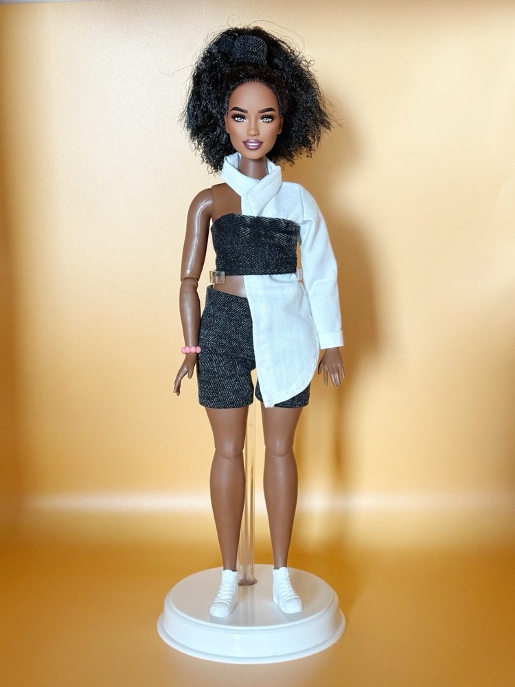 Hand-sewn Collard Top With Denim Corset And Denim Shorts For Barbie Doll (Curvy)