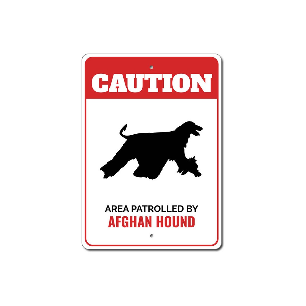 Patrolled By Afghan Hound Caution Metal Sign Dog Kennel Pet Breed Canine K9 Paw