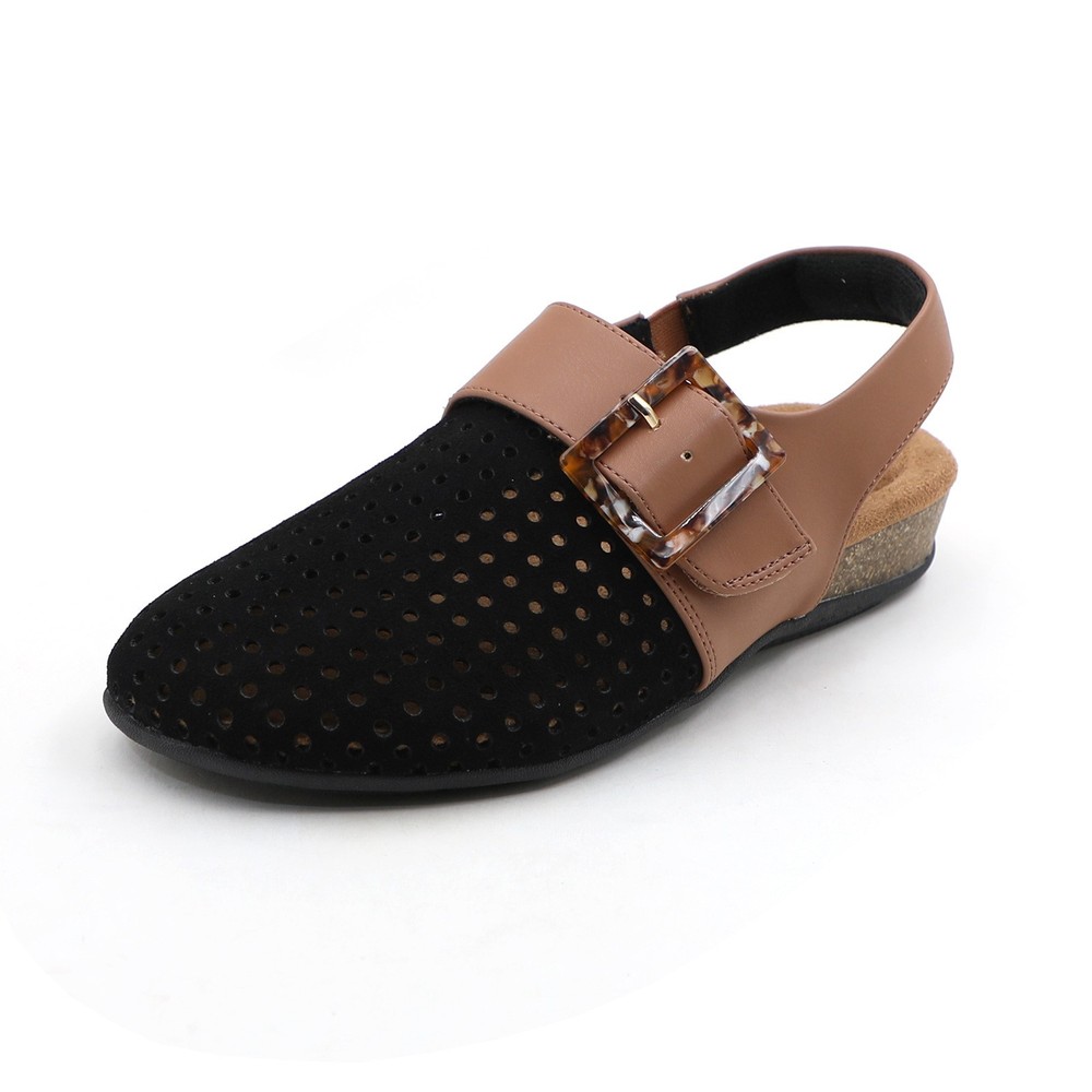 Women's Genuine Leather Perforated Slingback Buckle Comfort Clogs Cork Footbed