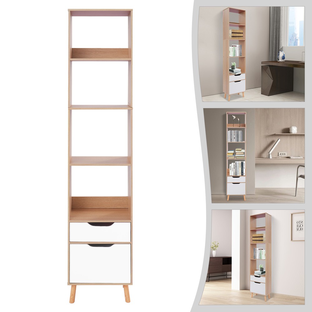 Tall Bookshelf with Drawers - Floor Standing Bookcase Storage Organizer