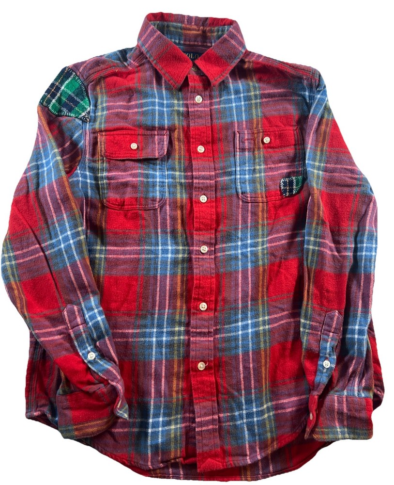 Polo Ralph Lauren Boys Large 14/16 Plaid Flannel LS Button Up Shirt Patches