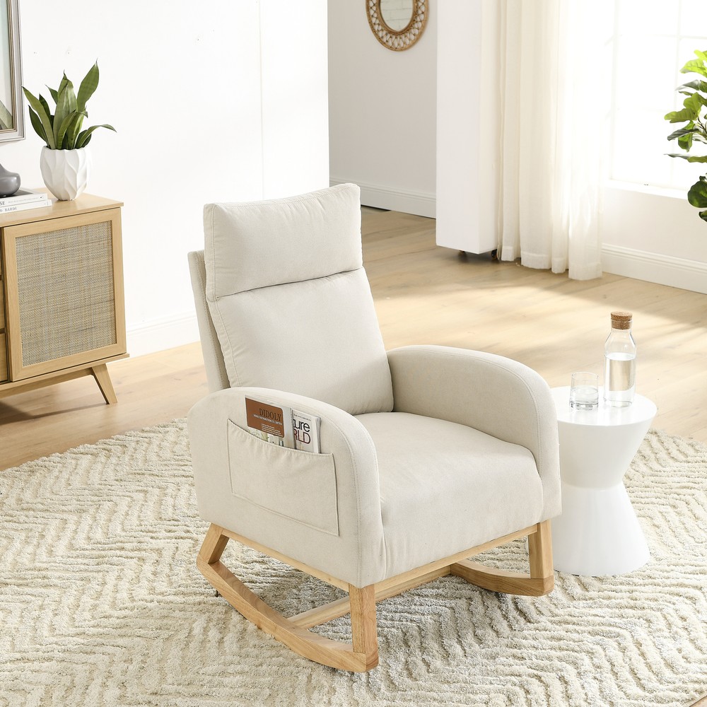 Modern High-Back Rocking Chair with Side Pockets for Stylish Living Room Comfort