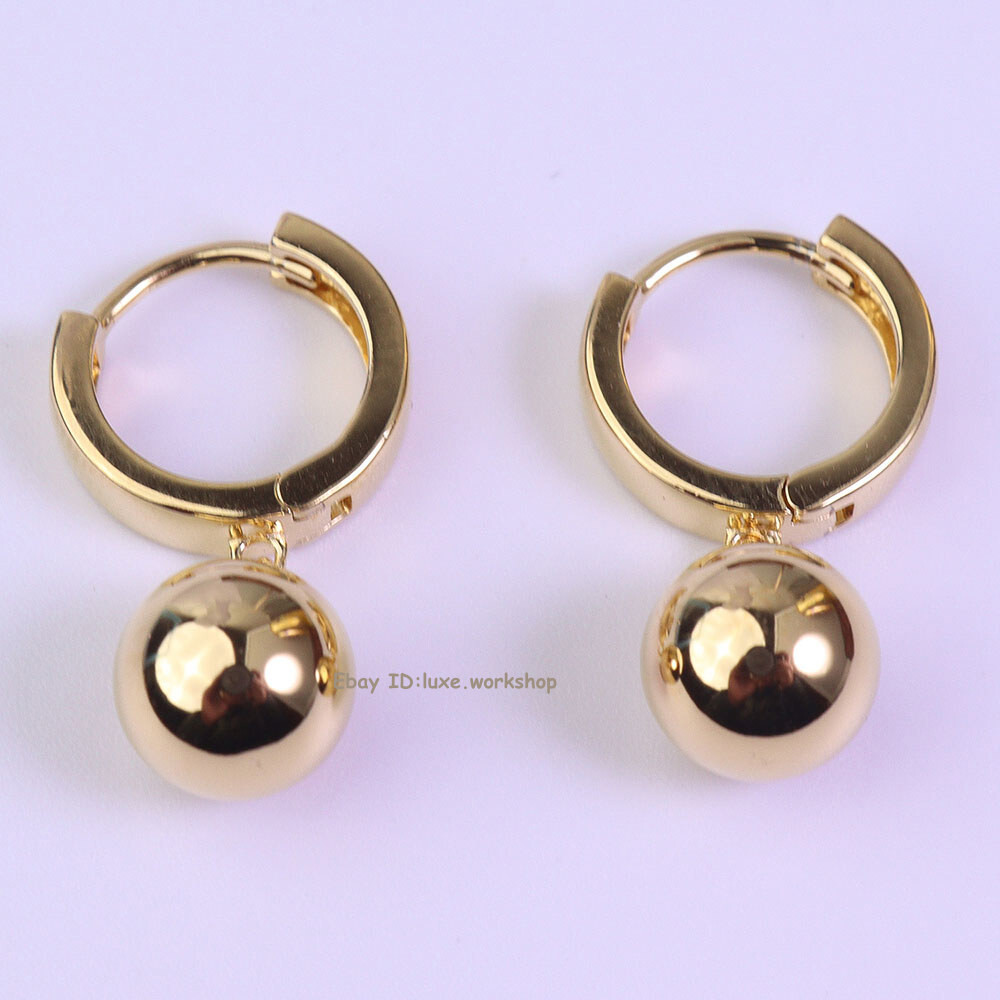 Gold Plated Real 925 Sterling Silver Polish Ball Fine Earrings Drop Hoop 0.9inch