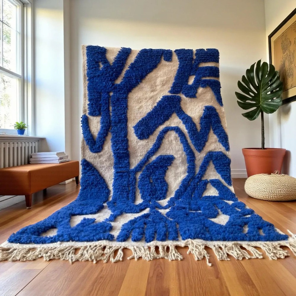 Modern Moroccan Berber Beni Ourain Wool Rug Color Blue Handmade Area Carpet Rug