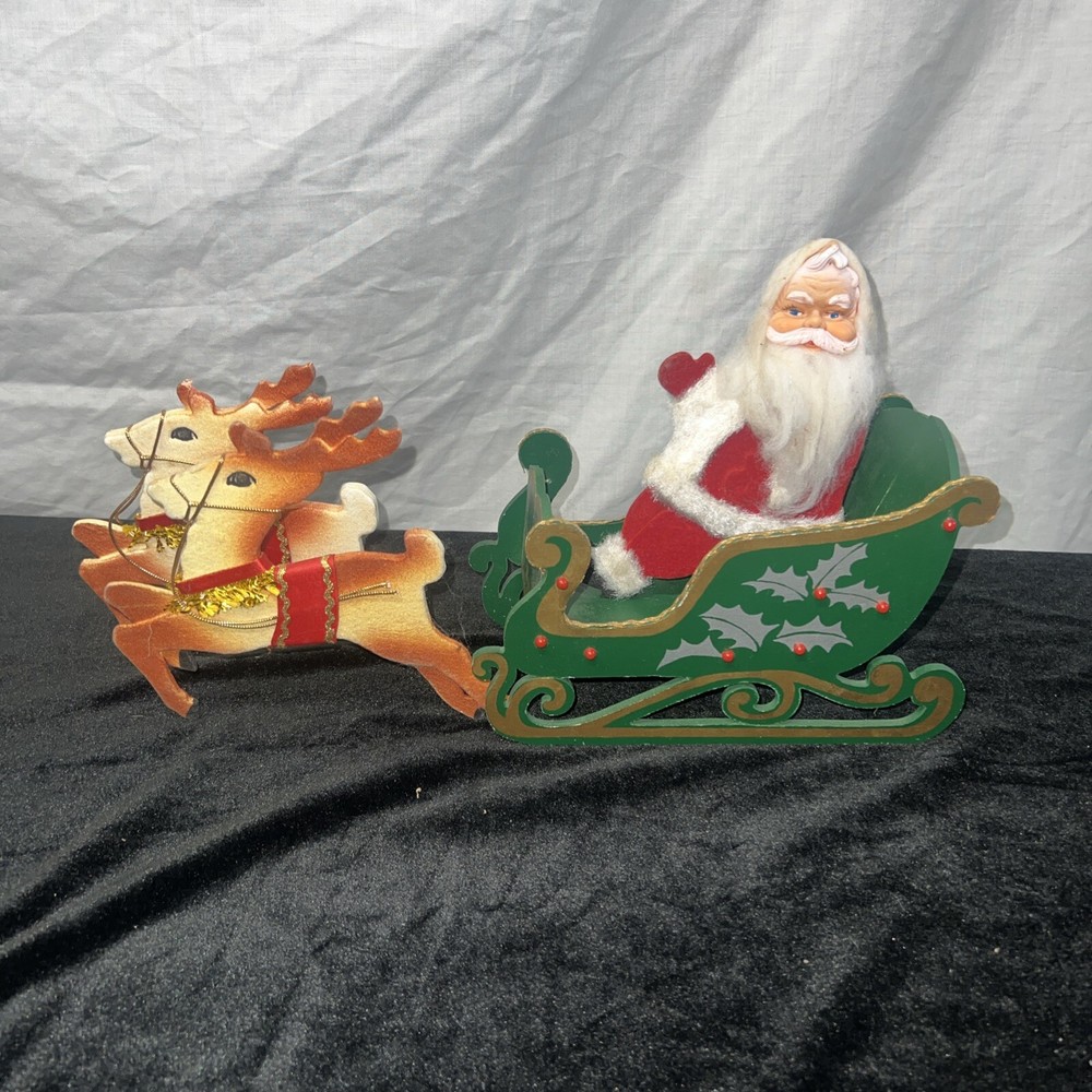 Rubber Face Santa Doll 2 Reindeer Wood Sleigh Folding Christmas Decor Vintage
