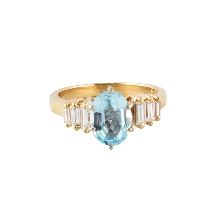 3.10 Ct Oval Cut Aquamarine & Diamond Engagement Ring 14K Solid Yellow Gold