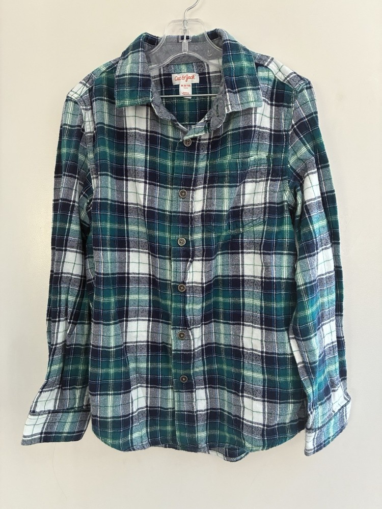 Cat & Jack Kid Boy Plaid Flannel 100% Cotton Button-Up Long Sleeve Shirt Green M