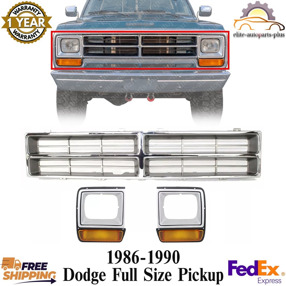 Grille Chrome + Headlight Bezels LH & RH For 1986-1990 Dodge Full Size Pickup