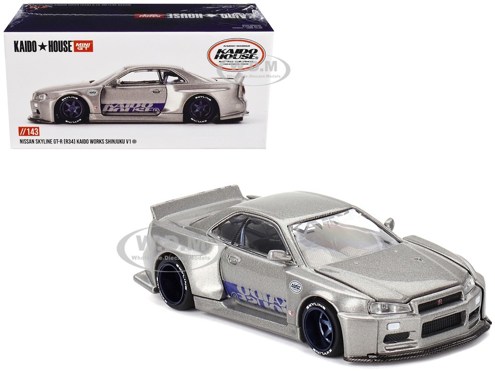 NISSAN SKYLINE GT-R R34 RHD SILVER KAIDO HOUSE 1/64 DIECAST BY MINI GT KHMG143