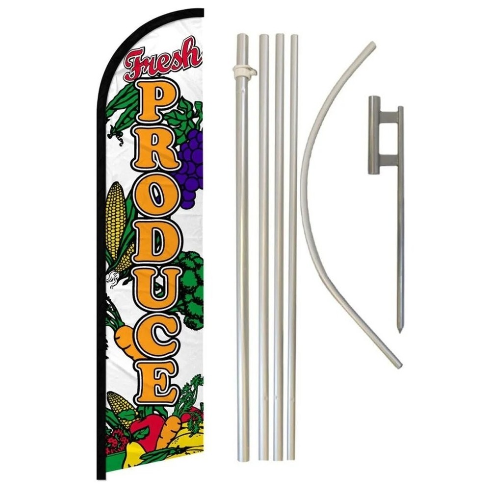 Fresh Produce Advertising Windless Banner Flag & Flag Pole Kit & Ground Spike