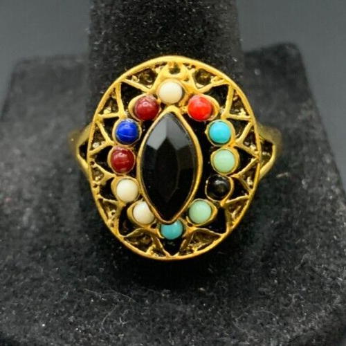 Vintage Antique Gold Tone Black CZ Rhinestone Cocktail Ring - Size 11