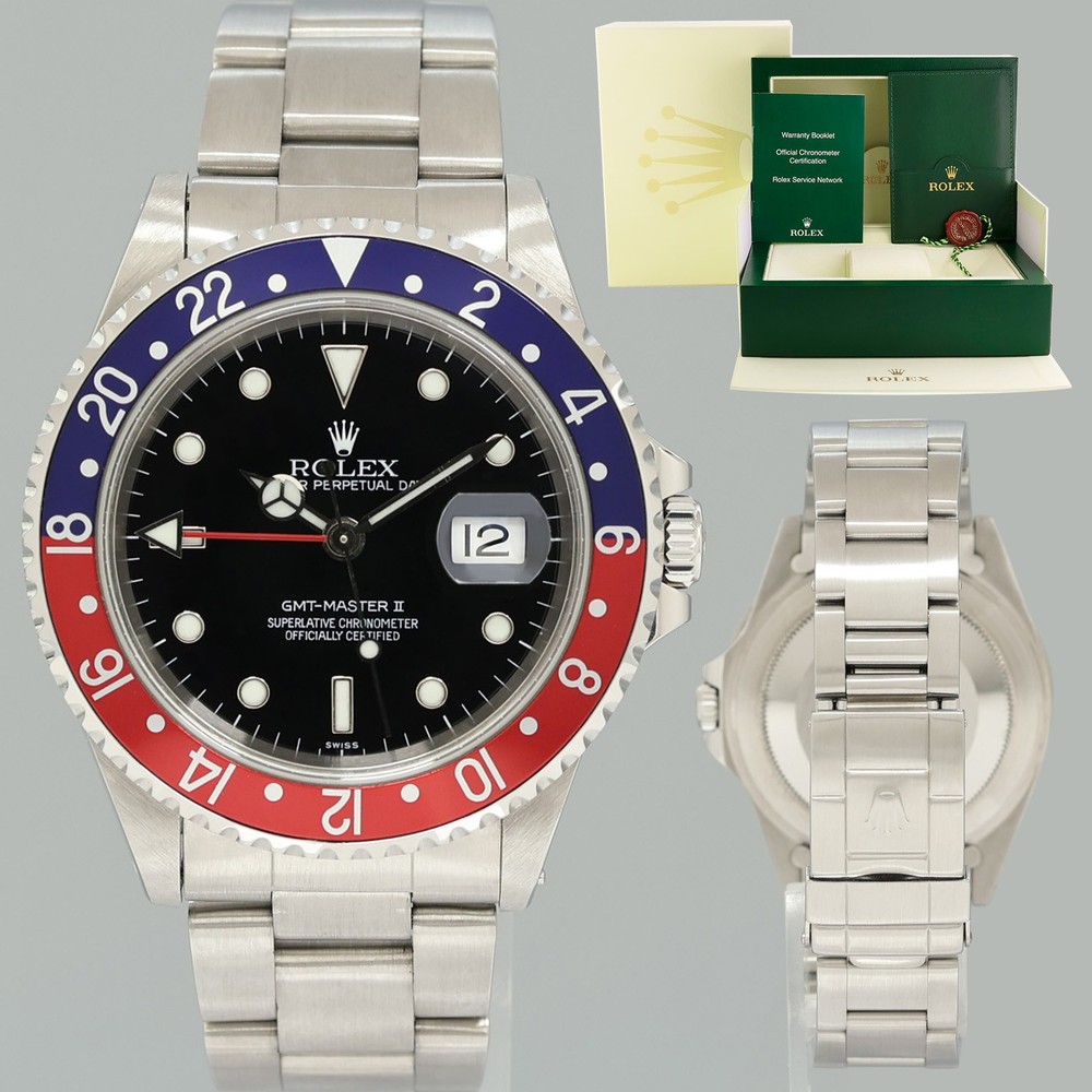 MINT 1999 Rolex GMT-Master II 2 Pepsi 40mm Steel 16710 Swiss Only Black Watch