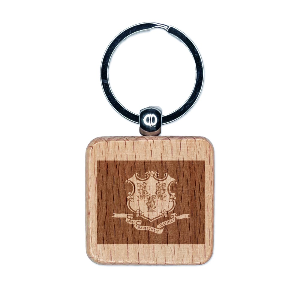 Llavero cuadrado de madera grabado con bandera del estado de Connecticut etiqueta
