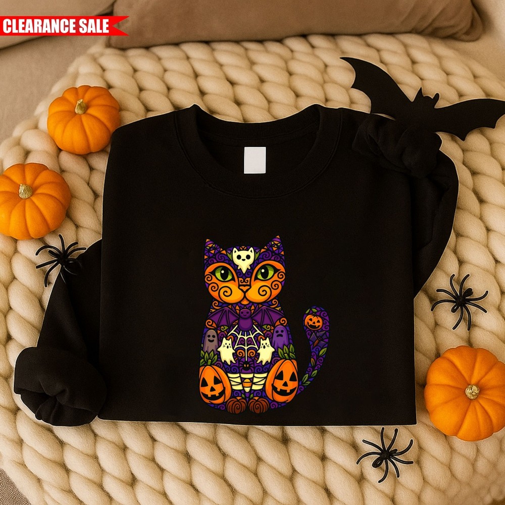 Halloween Cat Sweatshirt Boo Pumpkin Ghost Printed Cat Spooky Scary Gift Sweater