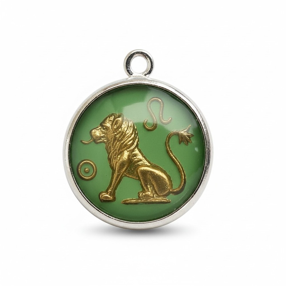 Vintage silver LEO THE LION ZODIAC REVERSE CRYSTAL INTAGLIO GLASS charm #M