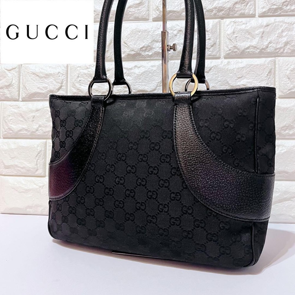 Gucci GG Monogram Black Canvas Leather Tote Bag Fits A4 Size Pre-Owned