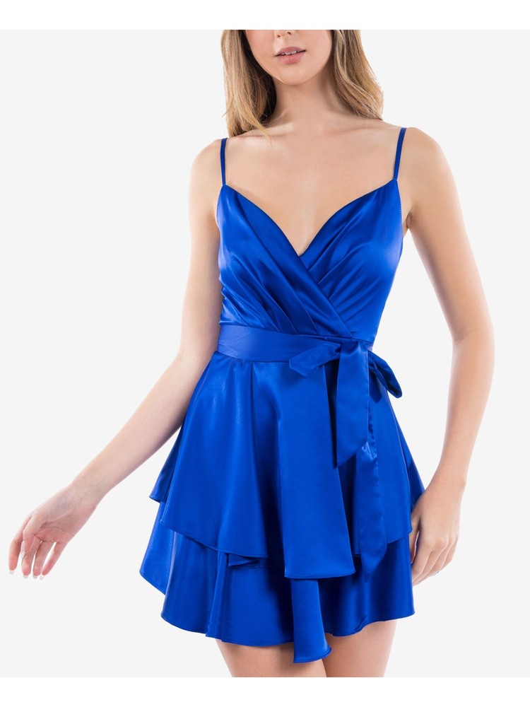 B DARLIN Womens Blue Tie Sash Spaghetti Strap Mini Dress 7\8