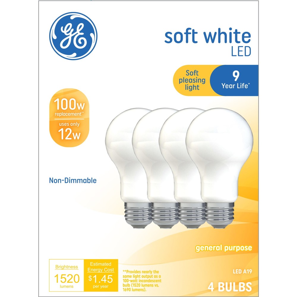 100 Watt, Soft White, A19 Bulbs, Medium Base, Frosted Finish, 9yr, 4pk，LED