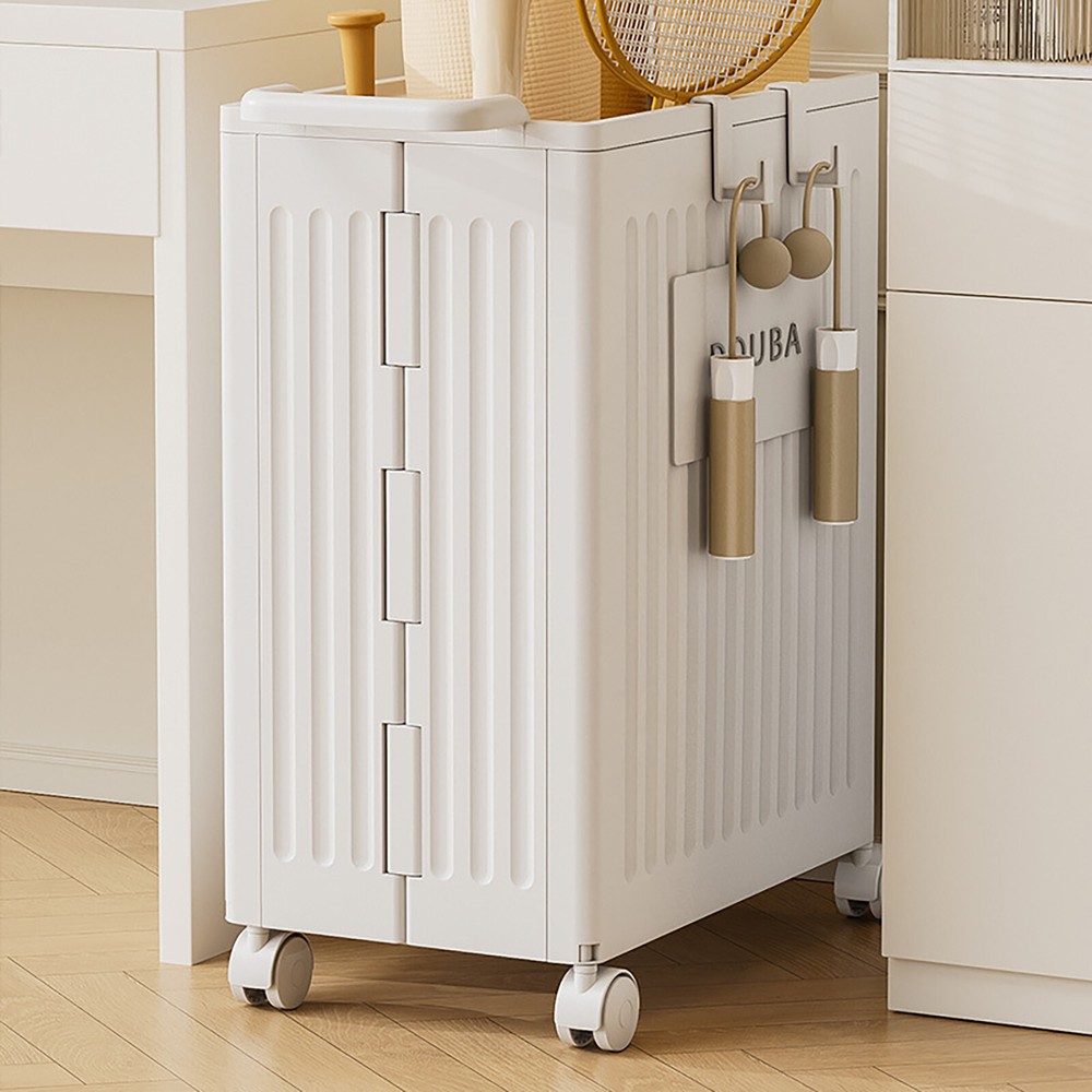 White Collapsible Storage Box with Lid and Wheels for Home Organization  