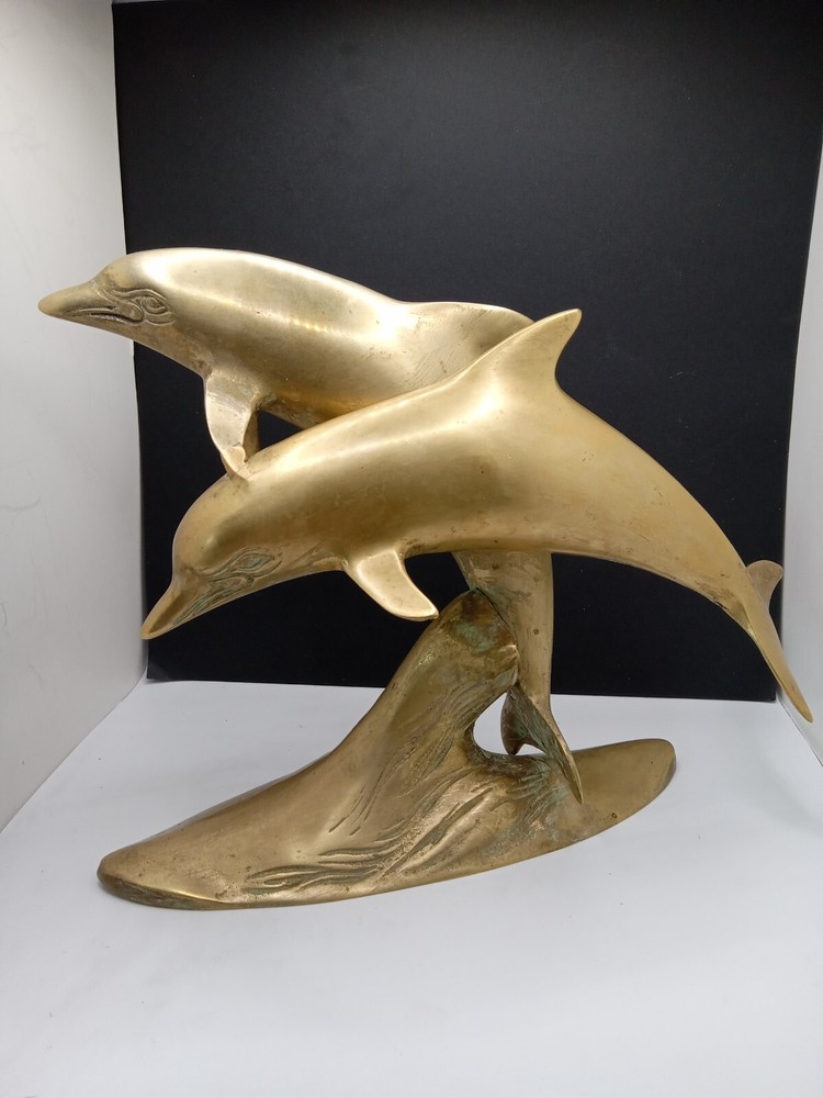 Brass Dolphins Sculpture Brass 1970s Vintage Dolphins Nautical Decor 7 1/2