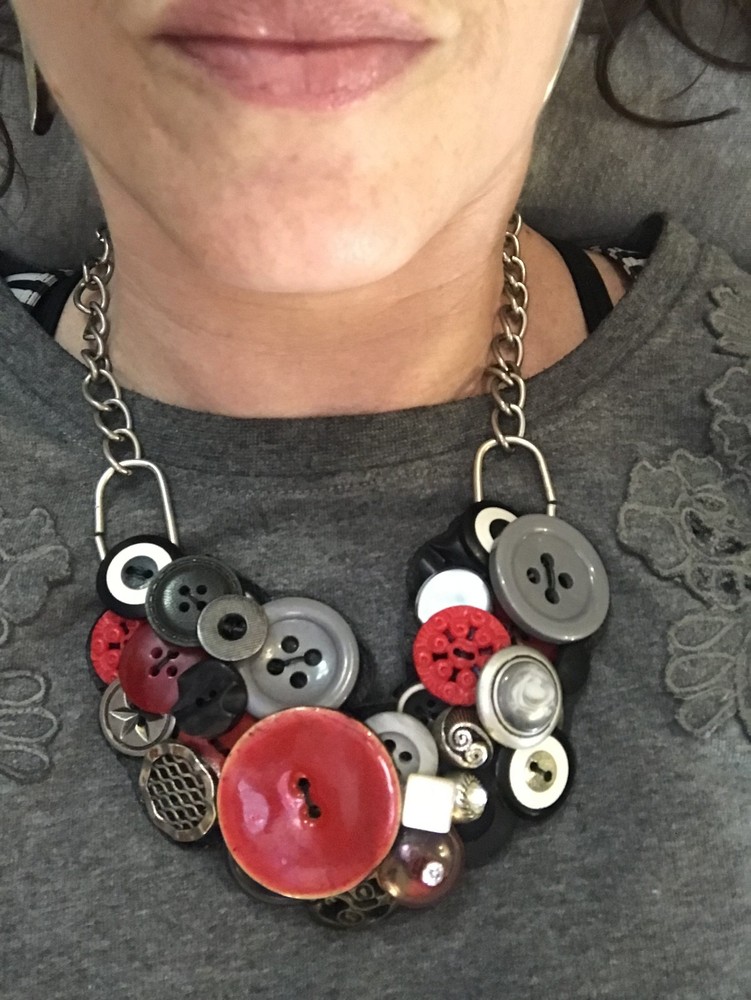 Vintage Button Necklace Chunky Bib Boho Statement Necklace