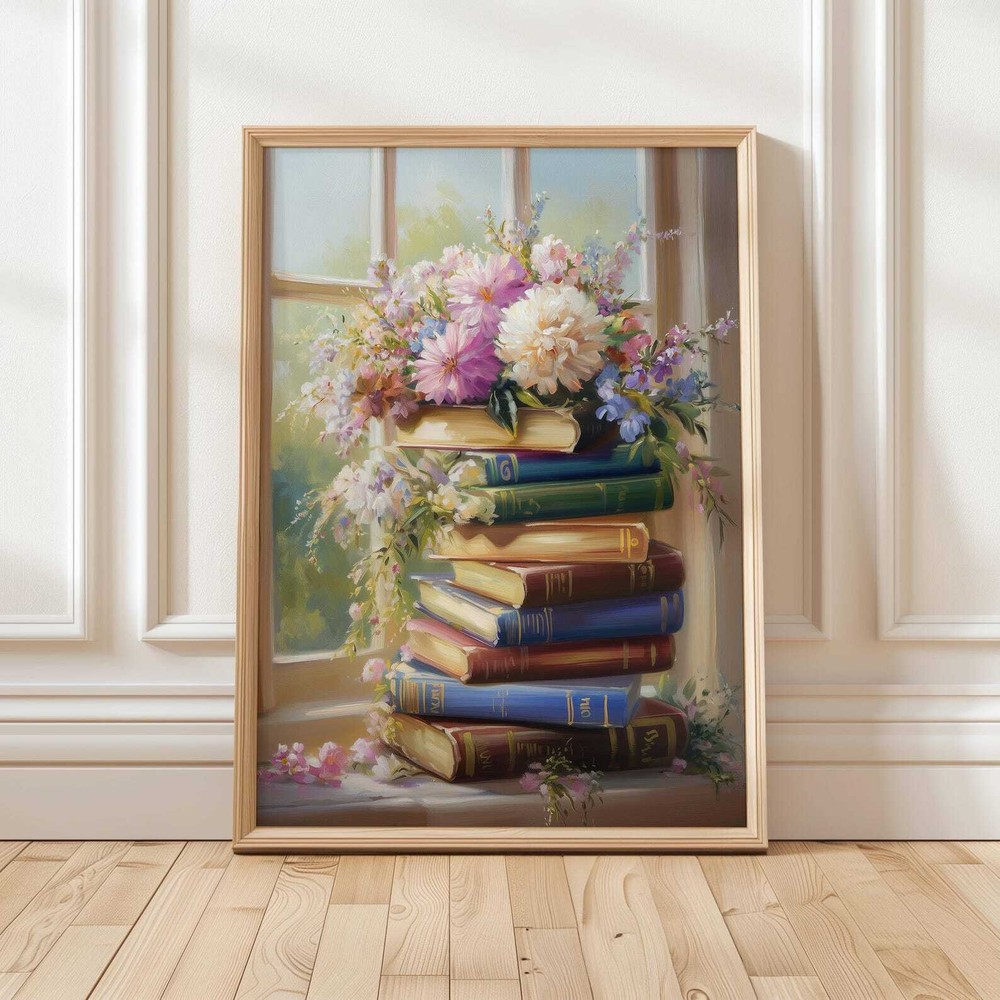 Floral Book Stack Art Print  Botanical Literary Decor  Book Lover's Wall Art