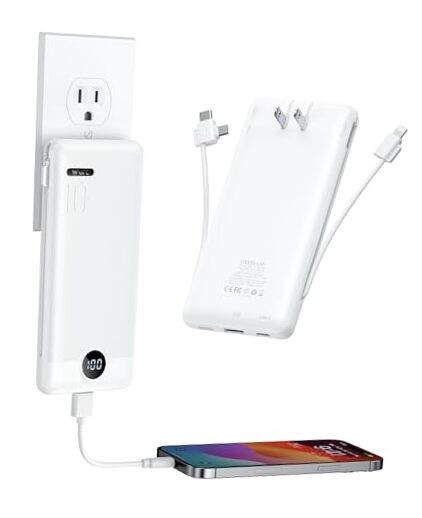 Slim 10000mAh Portable Charger with 22.5W Fast Charging and Wall Plug in White