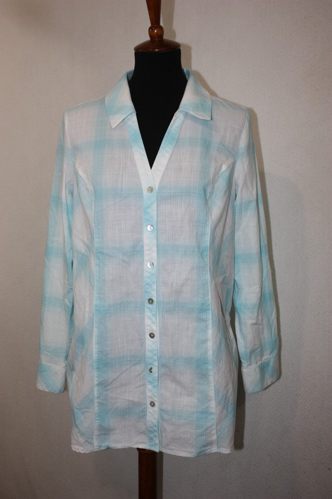 Soft Surroundings Sz M Light Blue Plaid Button Front Tunic Blouse Contrast Cuffs
