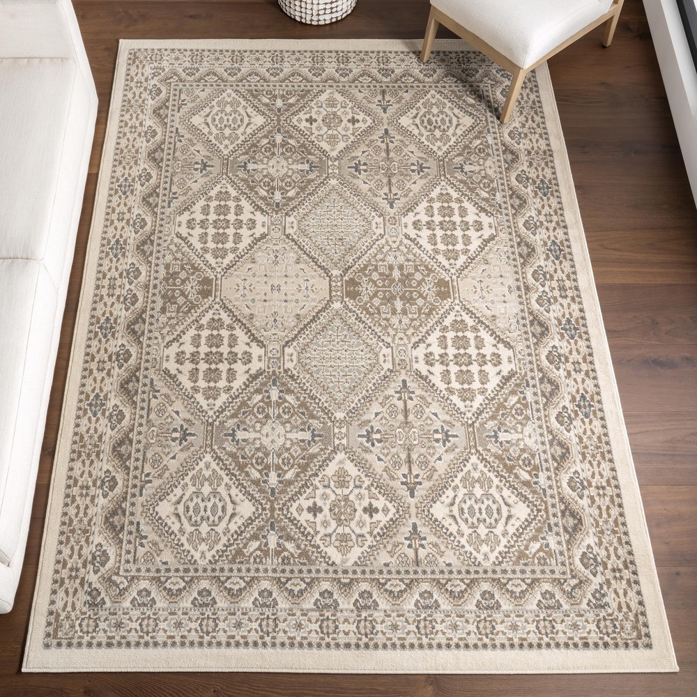 Beige 9x12 Becca Traditional Tiled Faded Transitional Area Rug