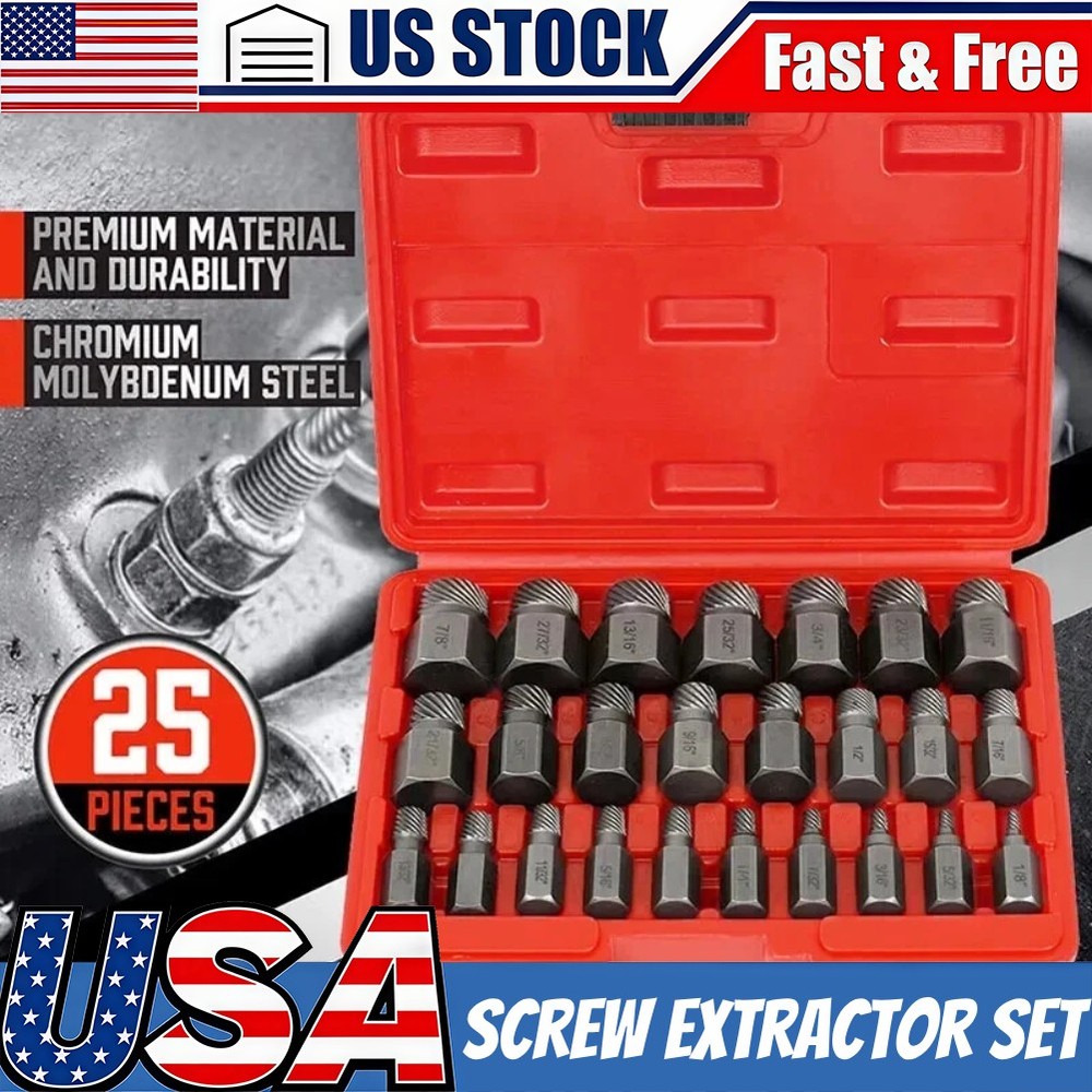 25 PC Multi-Spline Screw Extractor Set Hex Head Bit Socket Wrench Bolt Remover