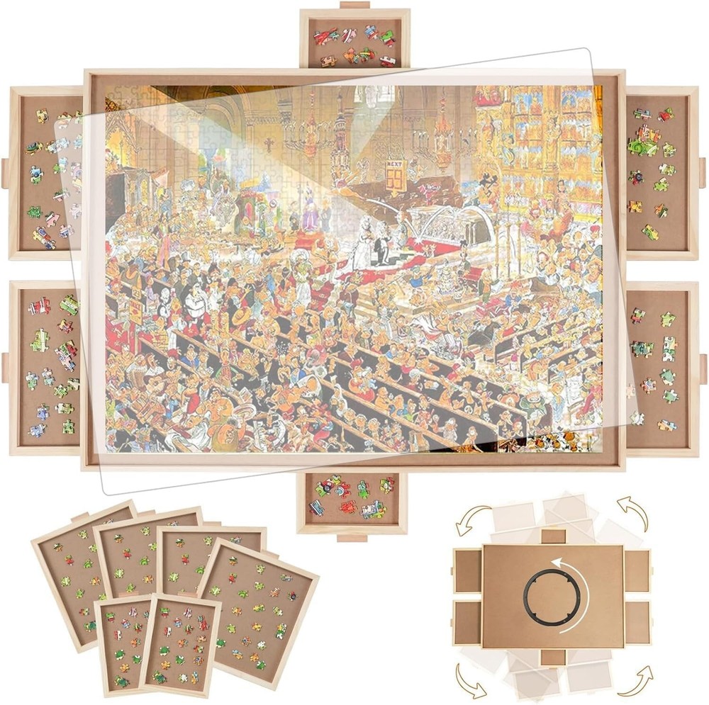 1000-Piece Rotating Puzzle Board with 6 Drawers - Elegant Wooden Craftsmanship