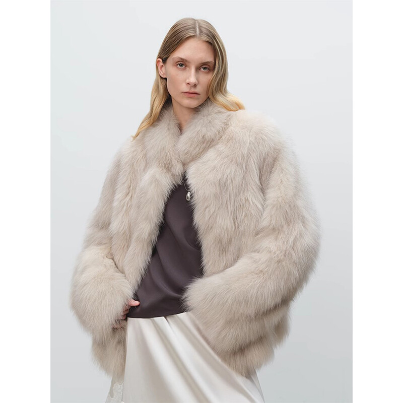 Fur Integrated Smudged Stand-up Collar Silhouette Fur Jacket Coat Loose Thick