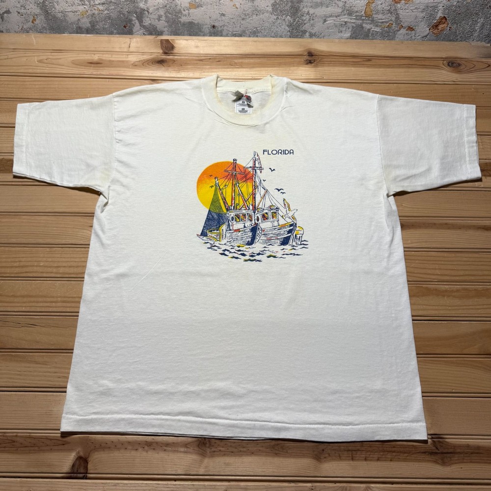 Vintage 90s Florida Fishing Boat Sunset Seagull Graphic Souvenir T-Shirt Size XL