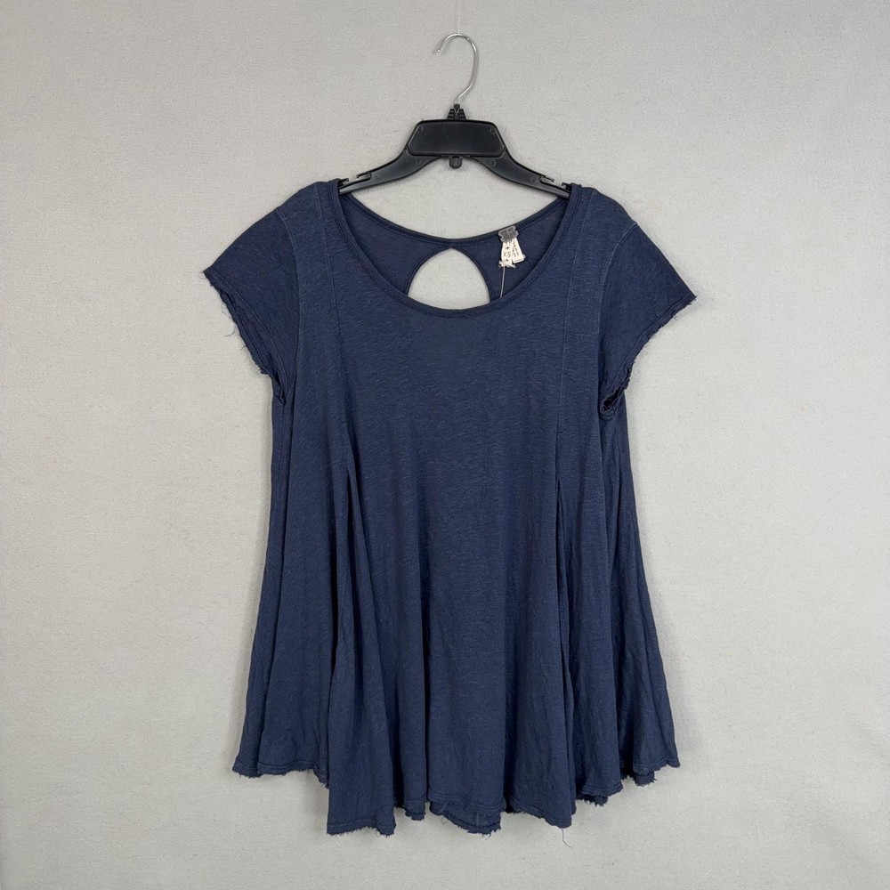 We The Free Shirt Womens XS Blue Linen Cotton Swing Tunic Top Keyhole Back