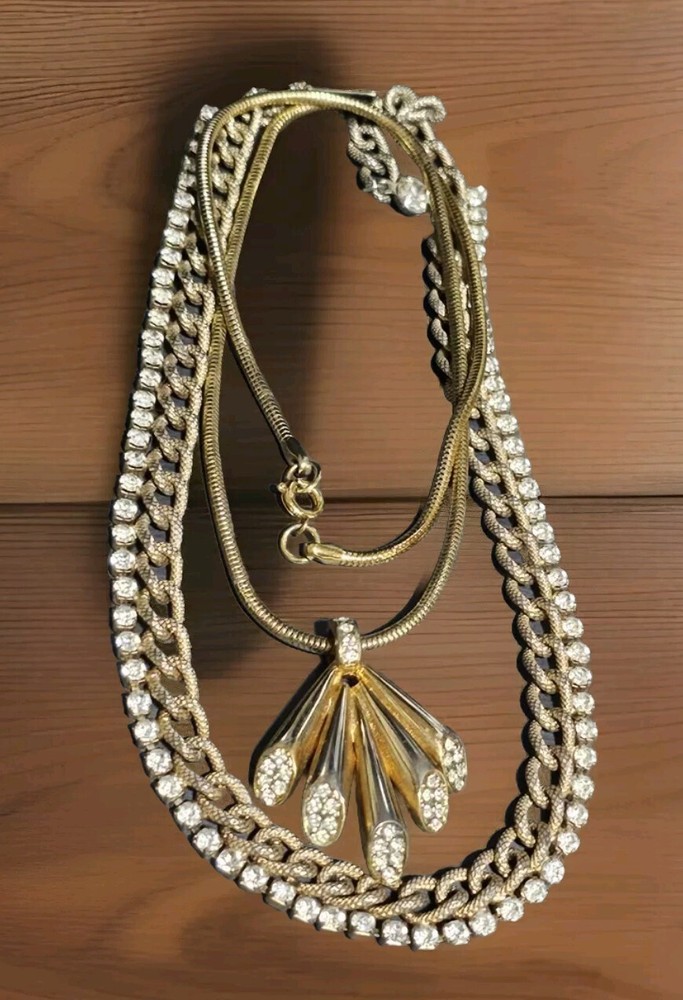 Goldtone Layered Textured Necklaces with White Rhinestones MCM Style
