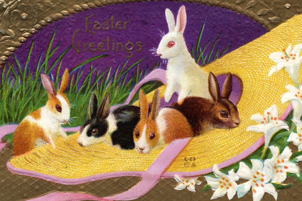 1912 Bunny Rabbits Sun Hat Lily Flower Gilt Cherub Easter Greetings Postcard