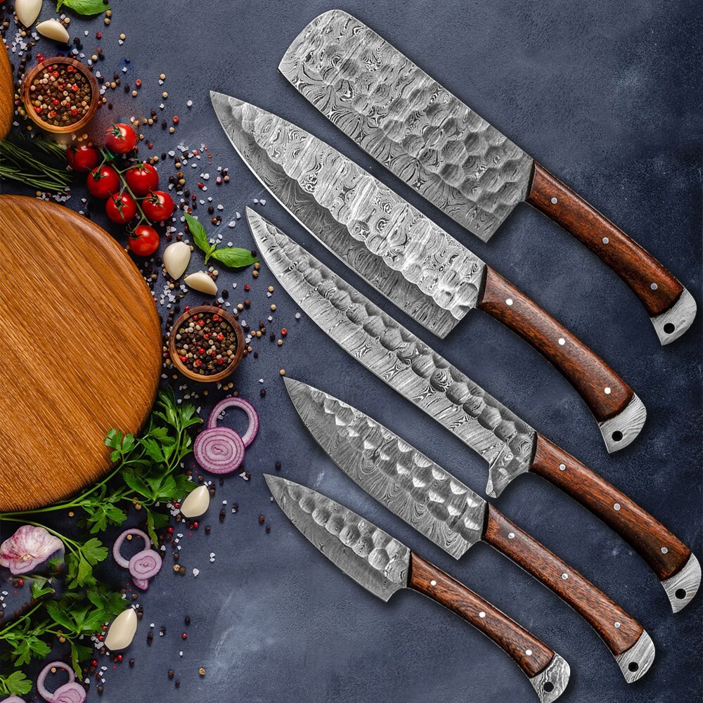 5PCS Damascus Steel Chef Knife Set Kitchen Knives Handmade Hand Forged w/Bag