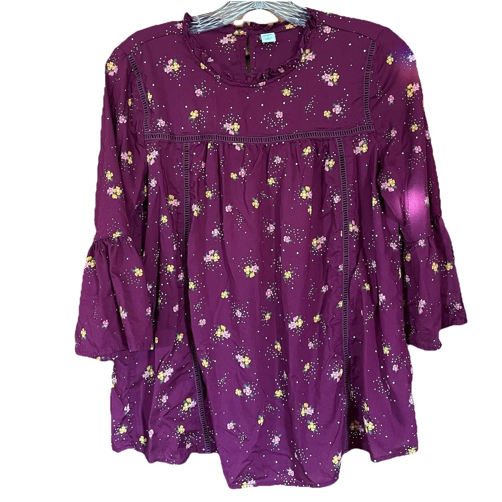 Old Navy Blouse Women S Medium Burgundy Floral 3/4 Sleeve Ruffle Round Neck Boho