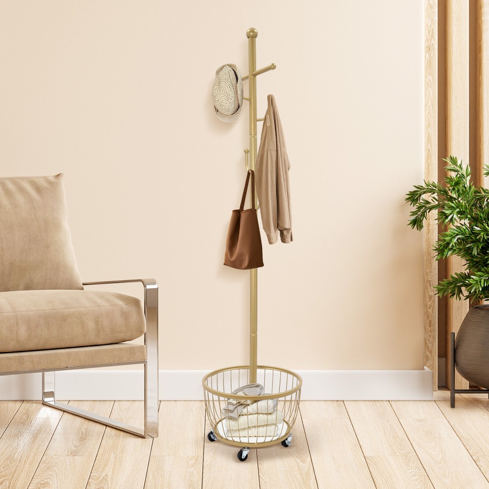 Sleek Entryway Coat Rack with Storage Basket and Hooks