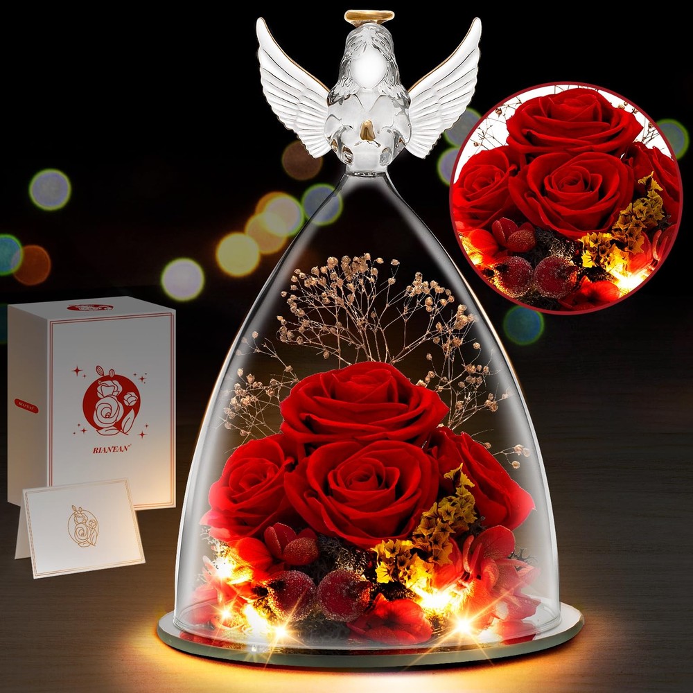Mothers Day Gift for Mom - 4 Red Roses in Glass Angel with LED Lights