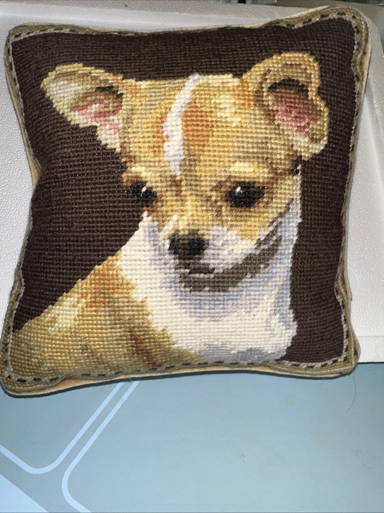 Vtg Chihuahua Handcrafted Needlepoint Dog Pillow 9 1/2