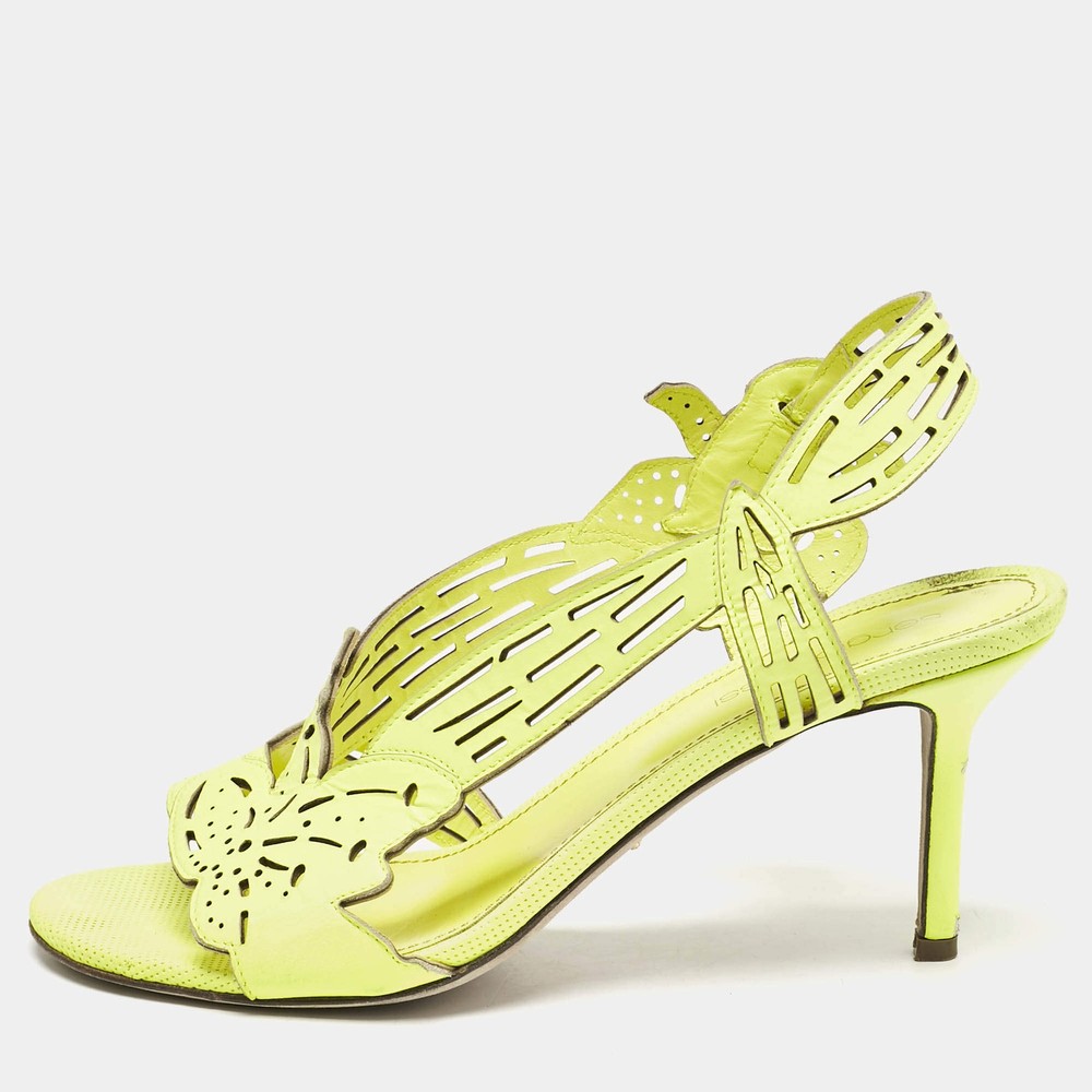 Sergio Rossi Lime Green Leather Lasercut Sandals Size 375